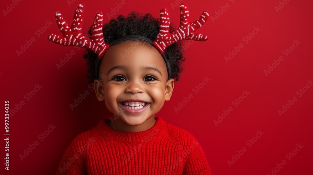 A cute little Black boy wearing reindeer horns costume and a red sweater, with an excited expression for Christmas A cute little Black boy wearing reindeer horns costume and a red sweater, with an excited expression for Christmas