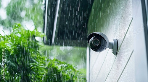 Close up of grey round smart home security camera on white house, during a rainstorm photo