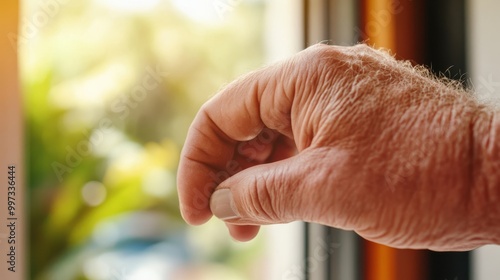 A detailed and close-up view of a person's hand softly knocking on a glass window with sunlight illuminating the background showcasing nature's greens. photo