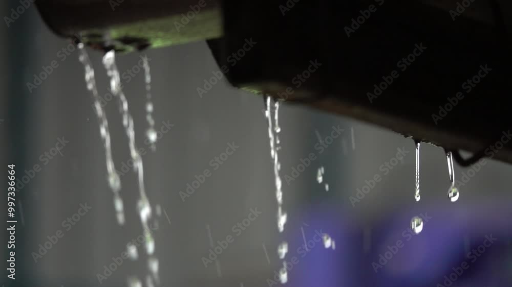 A pipe is dripping water in the rain. The water is falling in a steady stream. Concept of calmness and tranquility A pipe is dripping water in the rain. The water is falling in a steady stream. Concept of calmness and tranquility