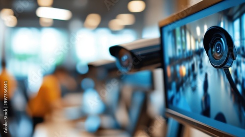 Close-up view of an office surveillance camera watching over several workstations, emphasizing security and vigilant observation in a professional business setting.