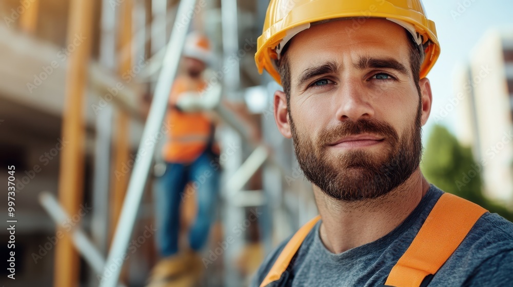 A sincere and focused construction worker with a helmet and safety gear gazing at the work in progress. His look represents dedication and thoroughness in construction industry. A sincere and focused construction worker with a helmet and safety gear gazing at the work in progress. His look represents dedication and thoroughness in construction industry.