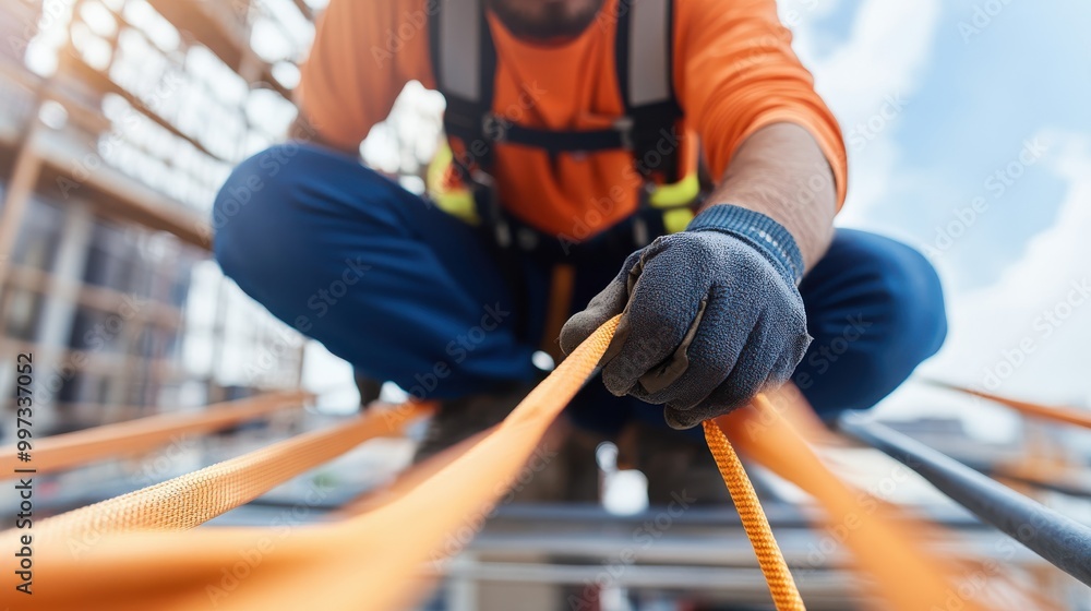 A construction worker wearing safety equipment is securing orange ropes on a building site, focusing on ensuring safety and stability in a potentially hazardous environment. A construction worker wearing safety equipment is securing orange ropes on a building site, focusing on ensuring safety and stability in a potentially hazardous environment.