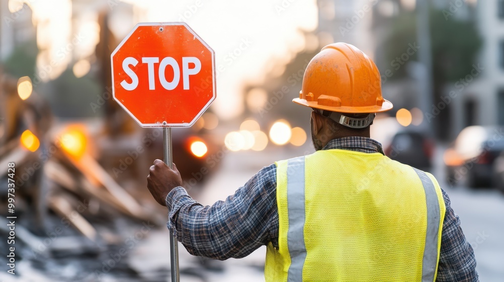 The image depicts a construction worker holding a stop sign, directing ...