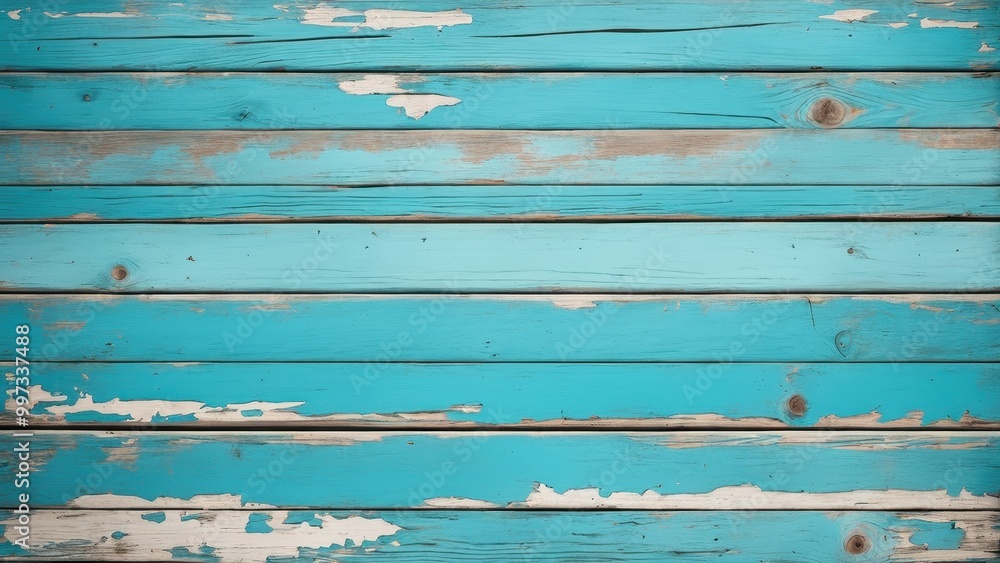 Fototapeta premium A weathered turquoise wooden plank background with peeling paint.