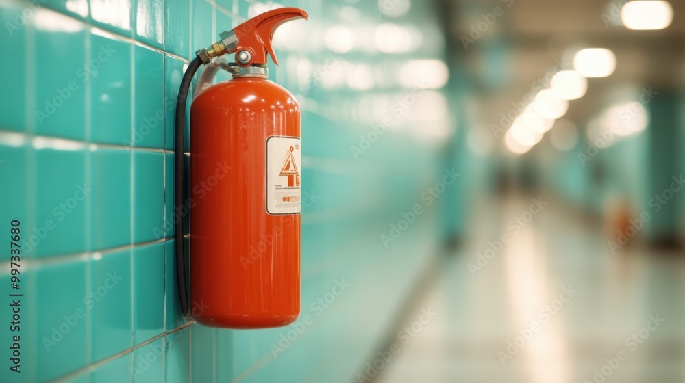 A brightly colored red fire extinguisher is securely mounted on a teal tiled wall in what appears to be a public corridor, possibly in a school or office building. A brightly colored red fire extinguisher is securely mounted on a teal tiled wall in what appears to be a public corridor, possibly in a school or office building.