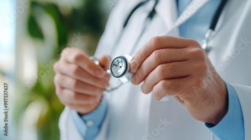 A healthcare professional, dressed in a white coat, is holding and closely examining a stethoscope, indicating thoroughness and attention to critical medical instruments.