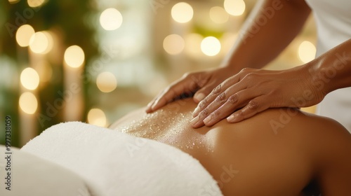 Wallpaper Mural A spa massage session is depicted with the therapist's hands actively massaging a back, emphasizing relaxation, comfort, and therapeutic benefits in a peaceful environment. Torontodigital.ca