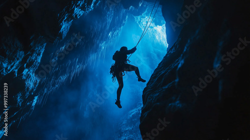 A person descends into a cave using ropes, illuminated by blue light, creating a dramatic and mysterious atmosphere