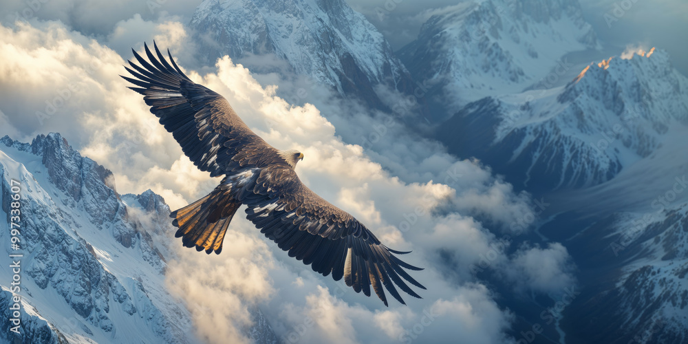 Obraz premium Majestic eagle flight above clouds and mountains, spectacular aerial view, freedom perspective