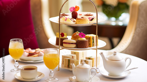 Afternoon tea, English tradition and restaurant service, tea cups, cakes, scones, sanwiches and desserts, holiday table decor and afternoon tea stand with pink flowers, post-processed, generative ai