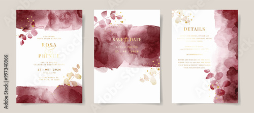 Elegant burgundy watercolor and leaves on wedding invitation card template. burgundy watercolor background