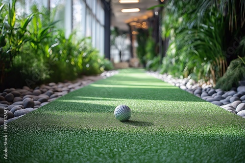 golf ball lying on the golf course. indoor golf illustration photo