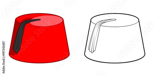 Fez Pillbox shape Hat with tassel. Head Fashion accessory cap clothing technical illustration. Vector headgear for Men, women, unisex style, flat template CAD mockup sketch outline isolated