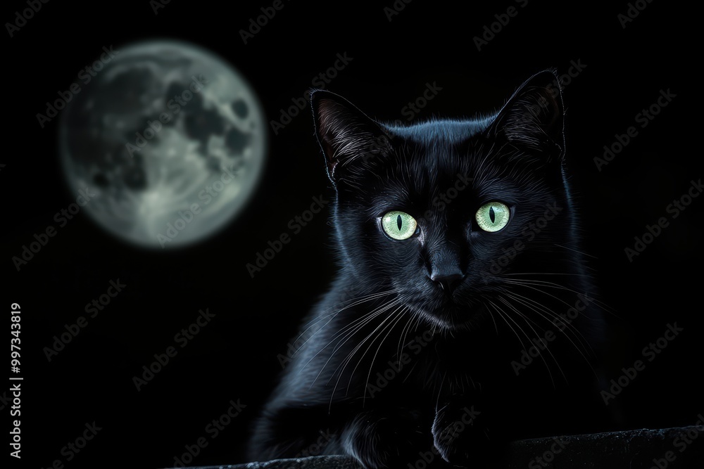 Black cat with green eyes posed against a full moon backdrop