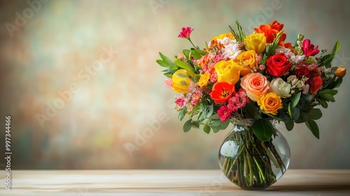 Wallpaper Mural A beautifully arranged bouquet filled with colorful flowers in a glass vase enhances the cozy setting on the light wood table. Generative AI Torontodigital.ca