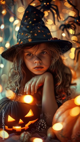 Little girl in witch costume is sad. pumpkins and autumn leaves. Halloween decorations. festive celebration, autumn.