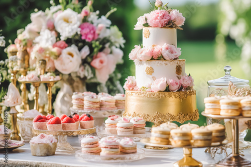 Wedding cake with floral decor, party celebration and holiday dessert catering in a country garden, post-processed, generative ai