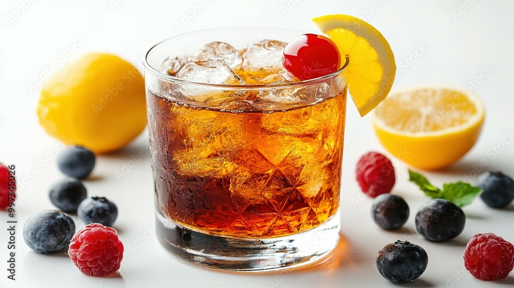 Cold Beverage with Lemon Slice, Cherry, and Berries