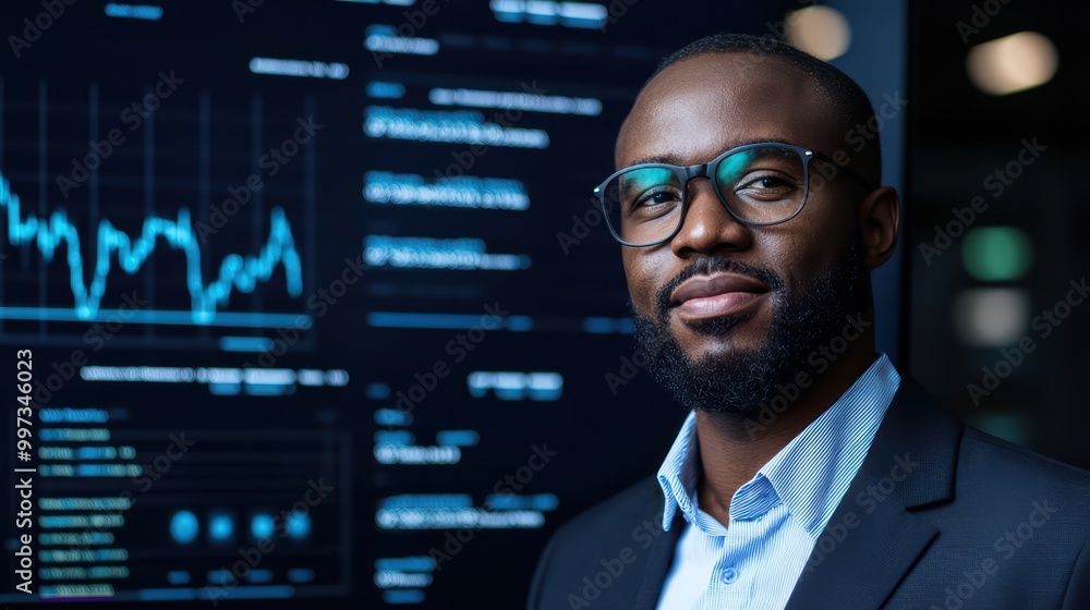 Confident businessman in front of financial data display. Confident businessman in front of financial data display.