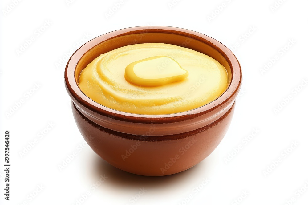 Creamy butter in a brown bowl against a white background. Creamy butter in a brown bowl against a white background.