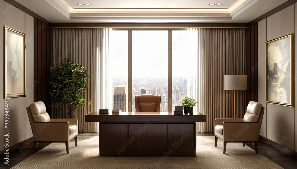 Modern and stylish office interior featuring a desk, chairs, and large windows. Perfect for corporate or professional imagery. Modern and stylish office interior featuring a desk, chairs, and large windows. Perfect for corporate or professional imagery.