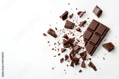 Dark chocolate pieces and chunks on white isolated background.