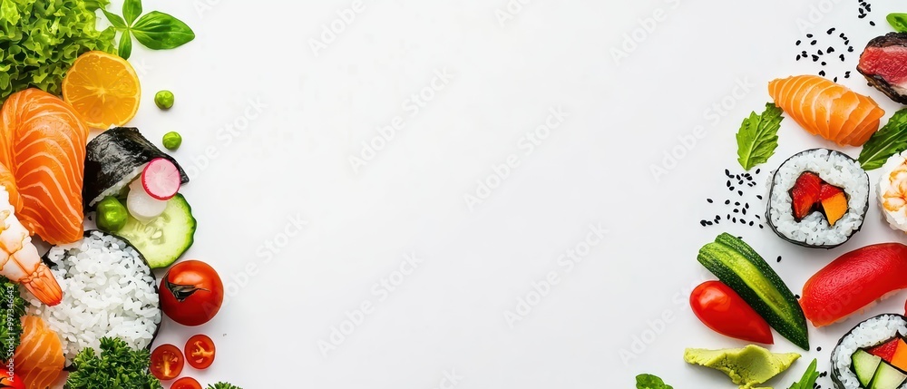 Delicious assortment of sushi and fresh ingredients on a white background. Delicious assortment of sushi and fresh ingredients on a white background.