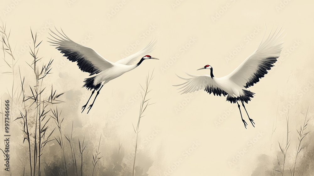 Obraz premium Crane, bamboo, Japanese pattern, Japan, tradition, typical, Japanese art, Japanese painting, ink painting, sumi-e, ukiyo-e, auspicious, happiness, silence, wabi-sabi, art, beautiful,