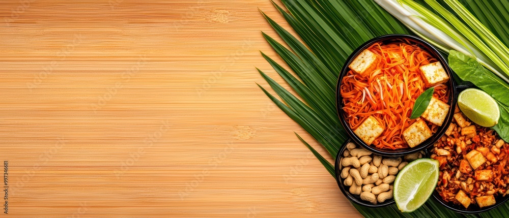 Delicious Asian noodles with vegetables and spices in black bowls, green palm leaves. Delicious Asian noodles with vegetables and spices in black bowls, green palm leaves.
