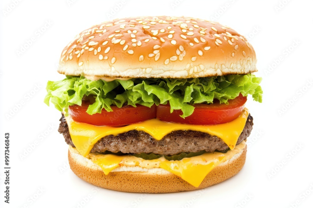Delicious cheeseburger with lettuce and tomato, white isolate background. Delicious cheeseburger with lettuce and tomato, white isolate background.