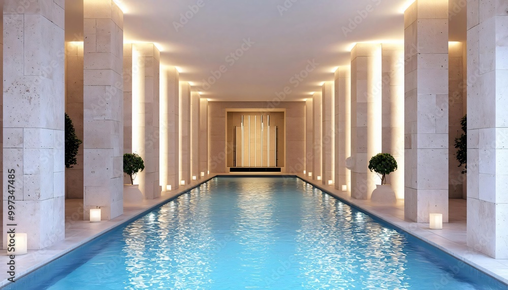 Fototapeta premium Tranquil indoor pool with elegant lighting and serene atmosphere, perfect for relaxation and leisure in a modern spa.