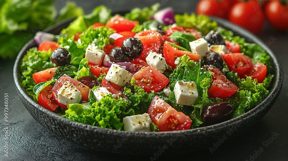 Close-Up of a Fresh Greek Salad with Feta Cheese, Tomatoes, Olives, and Greens Close-Up of a Fresh Greek Salad with Feta Cheese, Tomatoes, Olives, and Greens