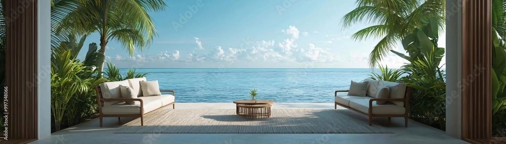 Naklejka premium A serene seaside view from a tropical villa, featuring comfortable seating and lush palm trees under a bright sky.