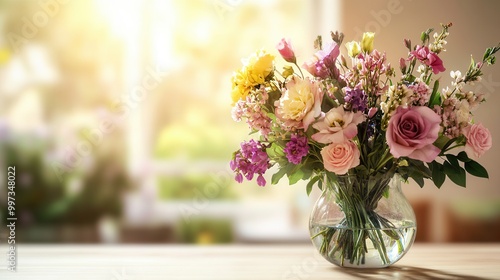 A beautiful arrangement of colorful flowers sits gracefully in a glass vase, brightening the light wooden table. Generative AI