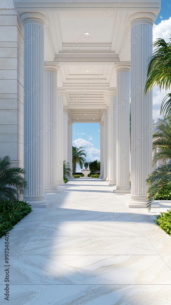 A stunning architectural pathway lined with columns and lush greenery, providing a picturesque view of the sky and garden. A stunning architectural pathway lined with columns and lush greenery, providing a picturesque view of the sky and garden.