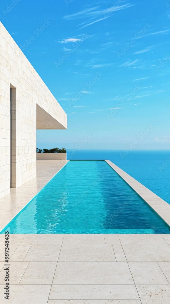Obraz premium A stunning infinity pool overlooking a serene blue ocean, perfect for luxury living and relaxation in modern architecture.