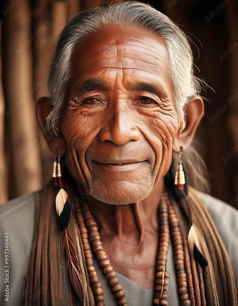 Portrait of an Indigenous Elder Sharing Stories with Detailed Facial Features in Traditional Attire