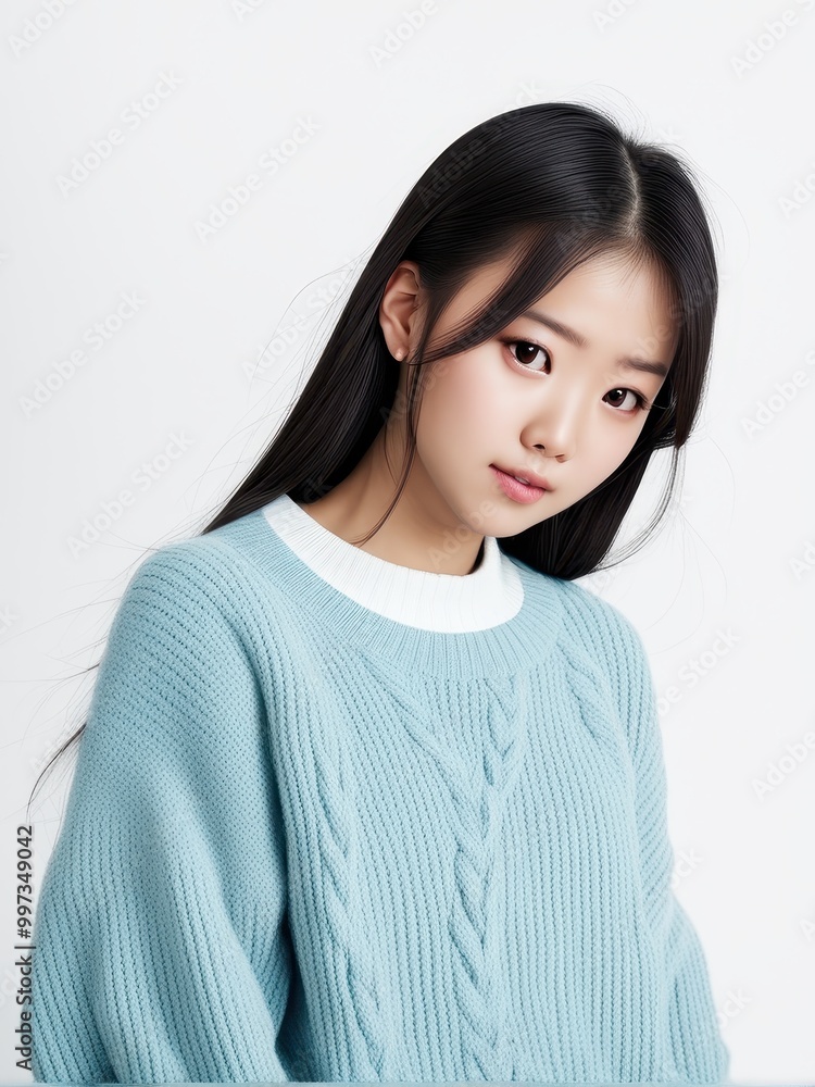 A young individual with long black hair poses in a soft blue sweater against a plain background. A young individual with long black hair poses in a soft blue sweater against a plain background.