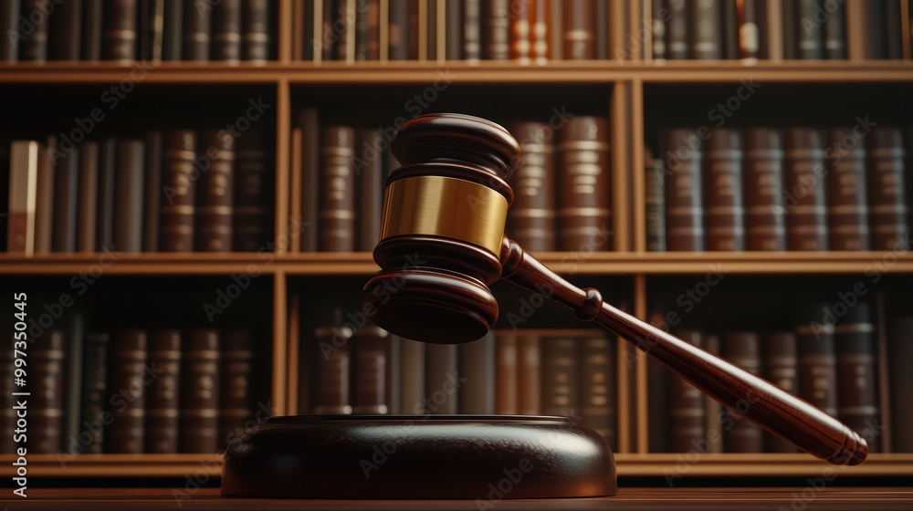Gavel resting on a desk with law books in the background, representing justice and law. Gavel resting on a desk with law books in the background, representing justice and law.