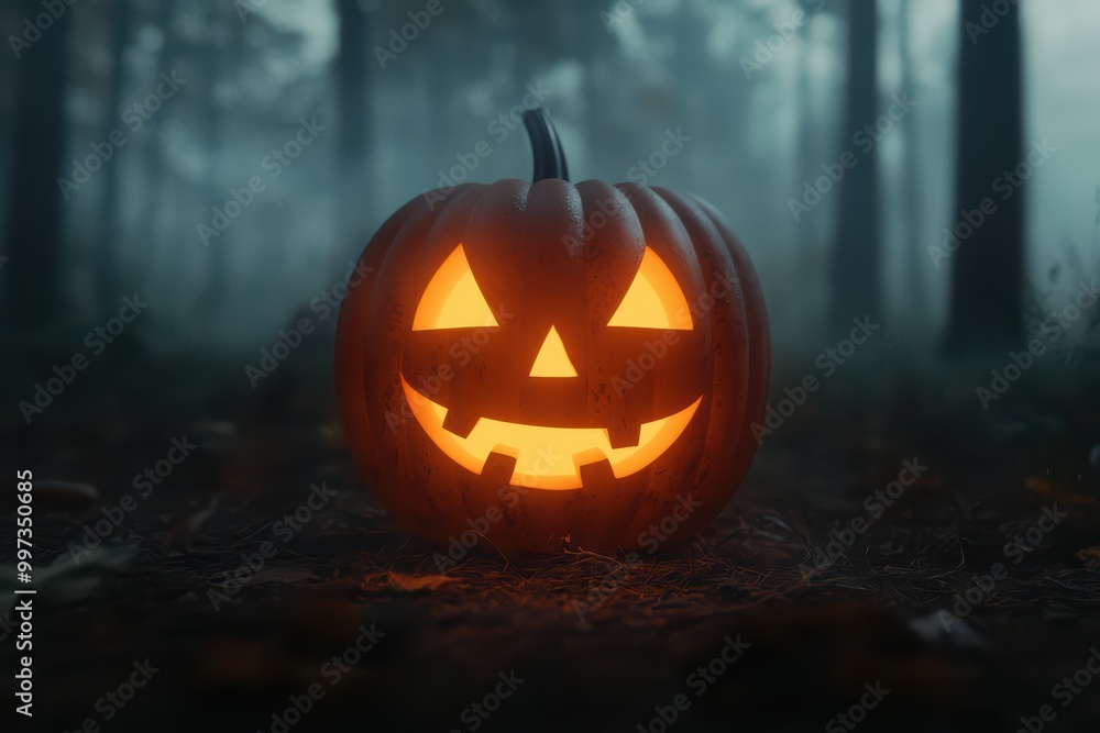 Glowing jack-o'-lantern in a foggy forest, autumn atmosphere, spooky vibes. Glowing jack-o'-lantern in a foggy forest, autumn atmosphere, spooky vibes.