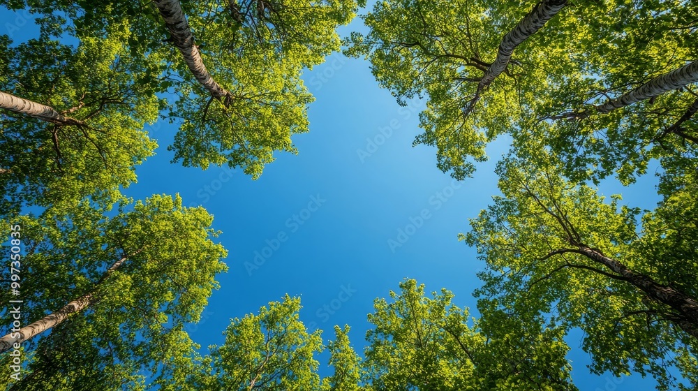 Beneath a lush canopy, tall trees with vibrant green leaves stretch upwards, illuminated by the bright blue sky, creating a tranquil atmosphere in the forest Beneath a lush canopy, tall trees with vibrant green leaves stretch upwards, illuminated by the bright blue sky, creating a tranquil atmosphere in the forest