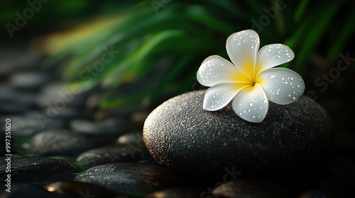 A serene flower on a smooth stone in nature.