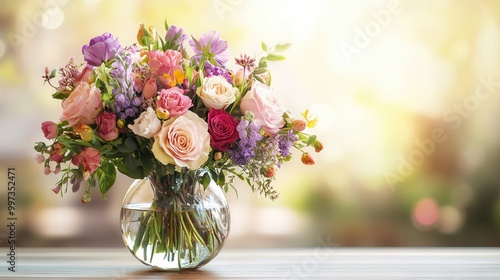 A stunning arrangement of colorful flowers in a glass vase on a light wood table, brightening up the indoor atmosphere. Generative AI