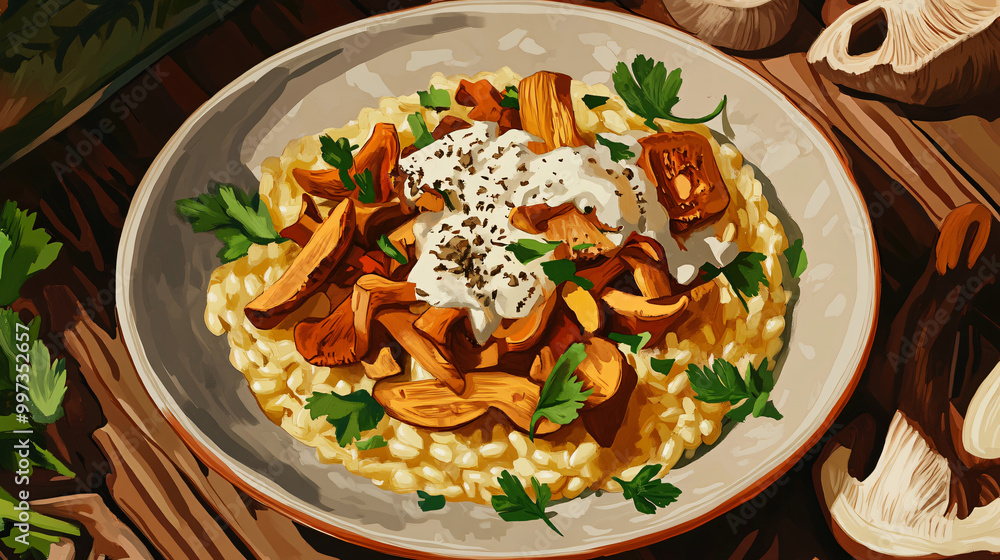 An illustration of a gourmet wild mushroom risotto with fresh herbs and a drizzle of white truffle oil. An illustration of a gourmet wild mushroom risotto with fresh herbs and a drizzle of white truffle oil.