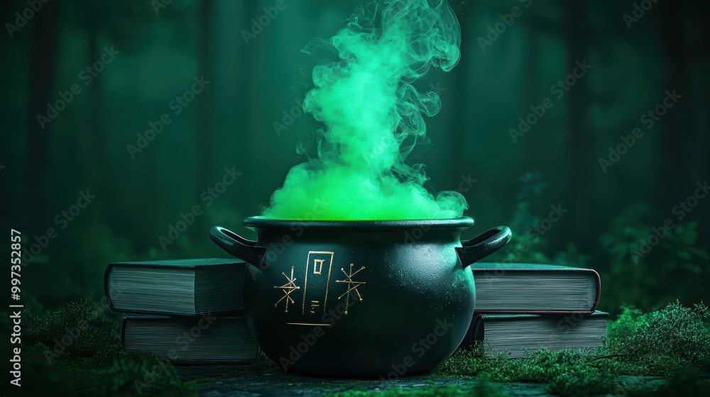 Mystical cauldron with green smoke, surrounded by ancient books, in a dark forest. Mystical cauldron with green smoke, surrounded by ancient books, in a dark forest.