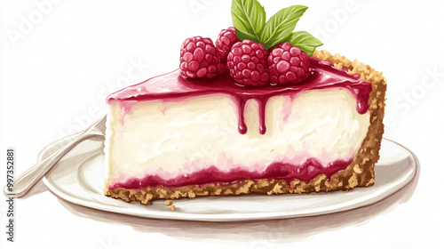 An illustration of a gourmet white chocolate and raspberry cheesecake with a graham cracker crust.