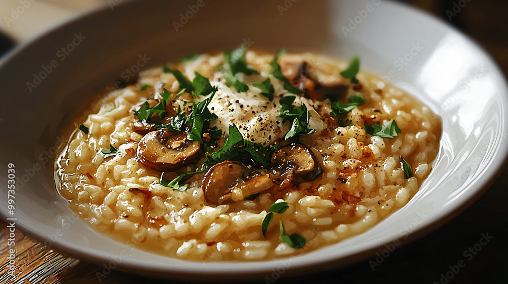 An illustration of a gourmet wild mushroom risotto with fresh herbs and a drizzle of white truffle oil.