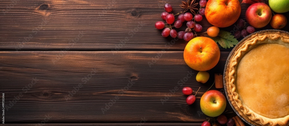 Autumnal Pie on Rustic Wooden Background Autumnal Pie on Rustic Wooden Background