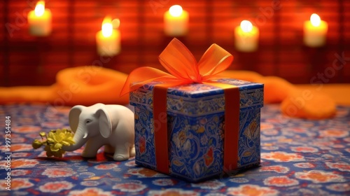 Gift Box with Elephant Figurine and Candles in the Background